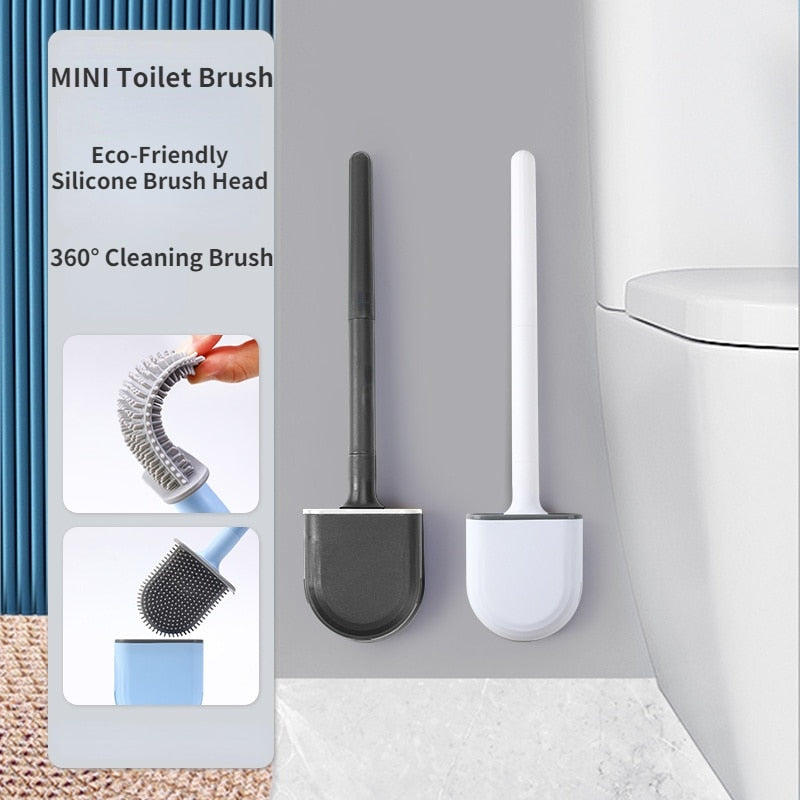 Compact Toilet Bowl Cleaner Brush and Holder w/ Silicone Bristles