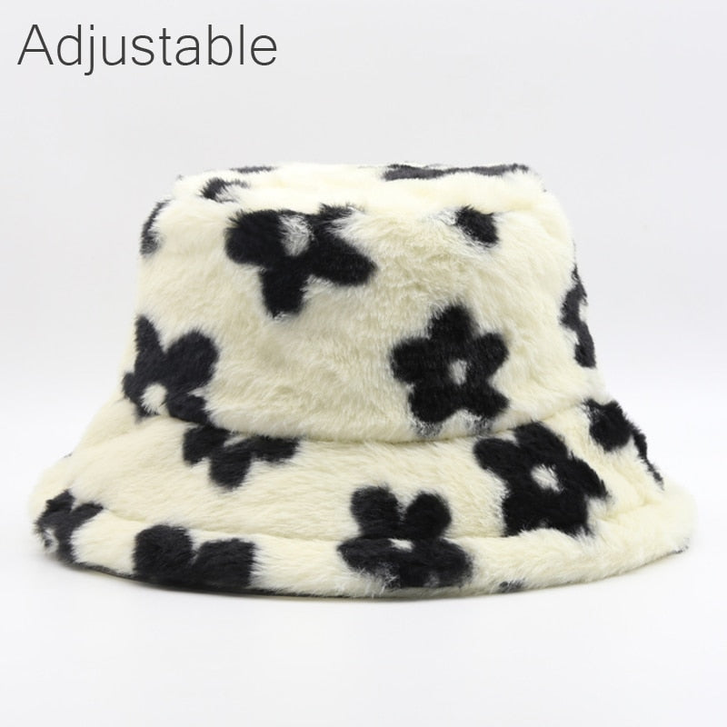 Faux Fur Winter Hats For Women Black White Cow Print Bucket Hat